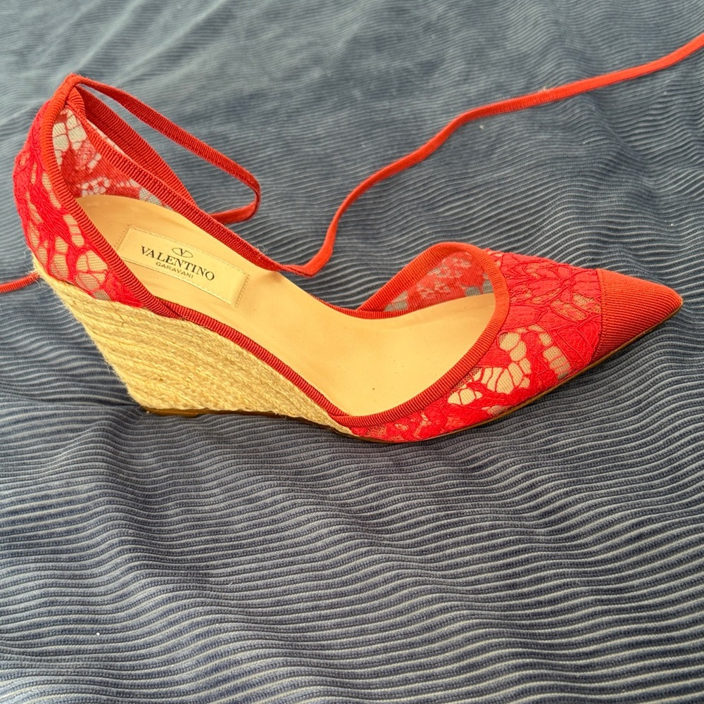 Valentino Red Lace Wedge Shoes